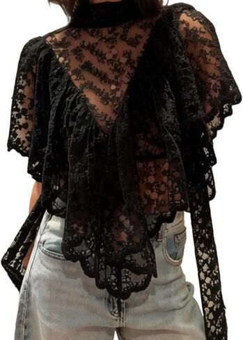 Womens See Through Short Sleeve Sheer Mesh Ruffle Lace Top Boho Y2k Summer Going Out Sexy Shirt Blouses Crop Tops in Kuwait