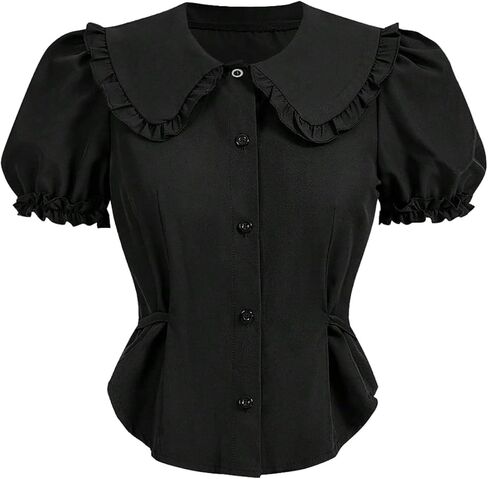 GORGLITTER Women's Babydoll Collared Cropped Blouse Top Puff Short Sleeve Ruffle Button Up Fitted Shirts Cute Going Out Tops in Kuwait