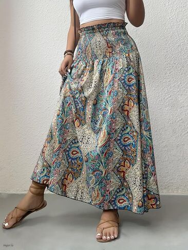Women's Boho Paisley Print Maxi Skirt, Smocked Waist Flowy Long Skirt for Beach Vacation in Kuwait