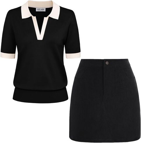 Kate Kasin Women Short Sleeve Polo Sweater and Women's Corduroy Mini Skirt Large in Kuwait