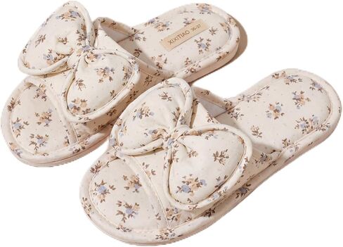 Cuffbow Floral Bow House Slippers for Women Open Toe Soft Indoor Cotton Linen Slippers Absorb Sweat Cloth Bottom House Shoes in Kuwait