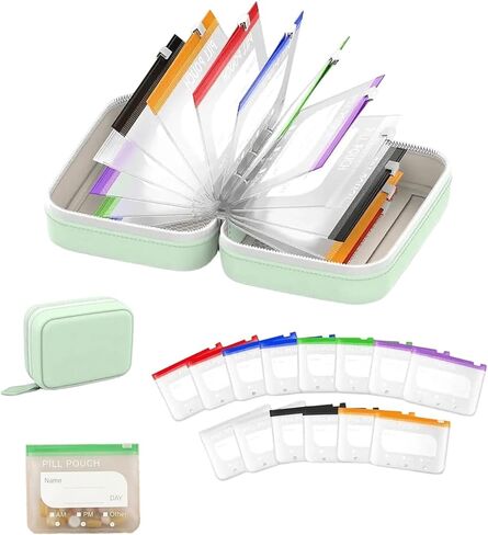 A-8 Waterproof Pill Organizer, Weekly AM PM Pill Organizer with 14 Reusable Pouches, Discreet Notebook Style Medicine Storage Case for Travel, Vitamins & Daily Supplements (Black) in Kuwait