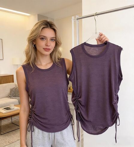 Women's Sleeveless Drawstring Tank Top, Lightweight Sheer Knit Yoga Top, Loose Fit Workout Blouse in Kuwait