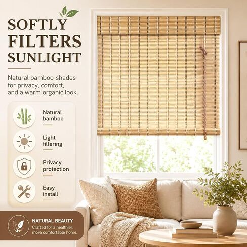 No Drill Bamboo Blinds for Interior Windows, Bamboo Shades for Indoor Windows, Roller Shades for Indoor Window and Outdoor Patio, Easy to Install for Home & Porches in Kuwait