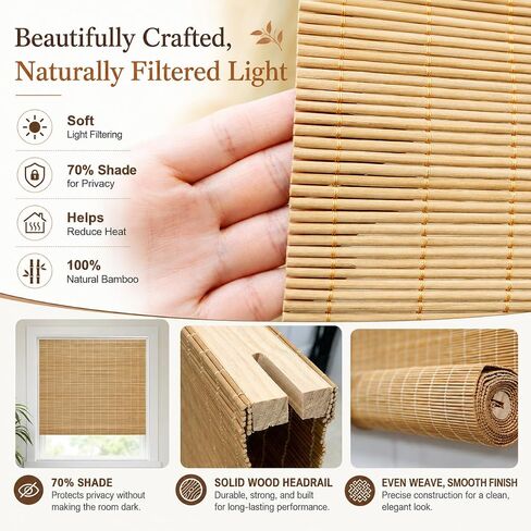 No Drill Bamboo Blinds for Interior Windows, Bamboo Shades for Indoor Windows, Roller Shades for Indoor Window and Outdoor Patio, Easy to Install for Home & Porches in Kuwait