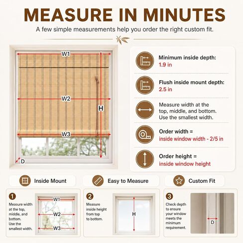 No Drill Bamboo Blinds for Interior Windows, Bamboo Shades for Indoor Windows, Roller Shades for Indoor Window and Outdoor Patio, Easy to Install for Home & Porches in Kuwait