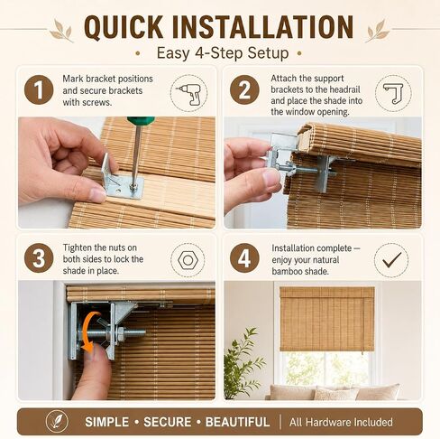 No Drill Bamboo Blinds for Interior Windows, Bamboo Shades for Indoor Windows, Roller Shades for Indoor Window and Outdoor Patio, Easy to Install for Home & Porches in Kuwait