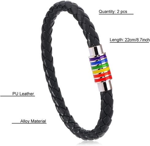 Baoximong Pride Leather Bracelet 2pcs Gay Pride Black Bracelet LGBT Titanium Stainless Steel Rainbow Enamel Charms with Rainbow Temporary Tattoos for Men Women in Saudi Arabia