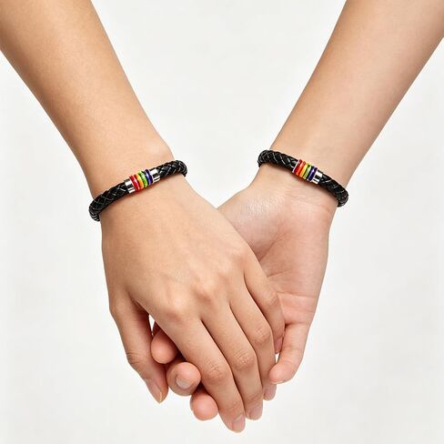 Baoximong Pride Leather Bracelet 2pcs Gay Pride Black Bracelet LGBT Titanium Stainless Steel Rainbow Enamel Charms with Rainbow Temporary Tattoos for Men Women in Saudi Arabia