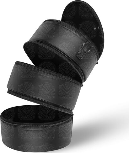 Stacked Triple Hat Organizer Case, 3-Zipper Cylindrical Fez & Ceremonial Hat Storage, 12" x 9" Round, Black Faux Leather, Velvet Lined, Detachable Shoulder Strap in Saudi Arabia