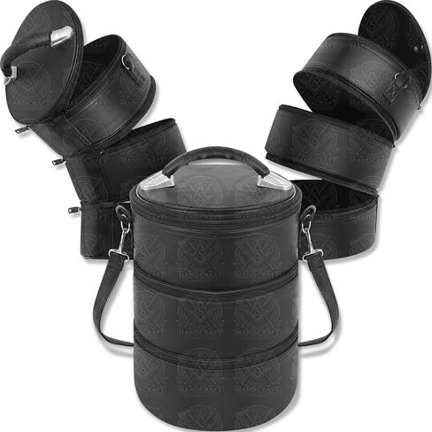 Stacked Triple Hat Organizer Case, 3-Zipper Cylindrical Fez & Ceremonial Hat Storage, 12" x 9" Round, Black Faux Leather, Velvet Lined, Detachable Shoulder Strap in Saudi Arabia