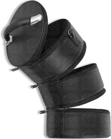Stacked Triple Hat Organizer Case, 3-Zipper Cylindrical Fez & Ceremonial Hat Storage, 12" x 9" Round, Black Faux Leather, Velvet Lined, Detachable Shoulder Strap in Saudi Arabia