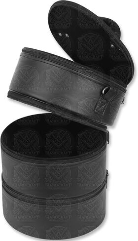 Stacked Triple Hat Organizer Case, 3-Zipper Cylindrical Fez & Ceremonial Hat Storage, 12" x 9" Round, Black Faux Leather, Velvet Lined, Detachable Shoulder Strap in Saudi Arabia