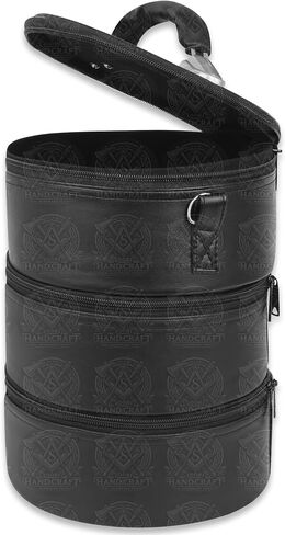 Stacked Triple Hat Organizer Case, 3-Zipper Cylindrical Fez & Ceremonial Hat Storage, 12" x 9" Round, Black Faux Leather, Velvet Lined, Detachable Shoulder Strap in Saudi Arabia