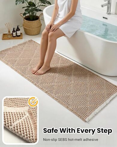 Large Bathroom Rugs 2' x 6', Long Runner Rug Waffle Bath Mat for Kitchen Rugs, Absorbent and Washable Bathroom Mat for Laundry Room, Soft Boho Runner Decor, Entryway Hallway Runner Rug No Slip in Saudi Arabia