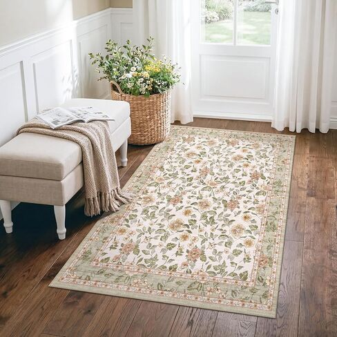 Floral 3x4 Rugs for Entryway Washable : Non Slip Vintage Botanical Small Runner for Bathroom Kitchen - Soft Easy Clean Thin Indoor Home Decor Door Mat for Dog Cat Family 3x4 Black in Saudi Arabia