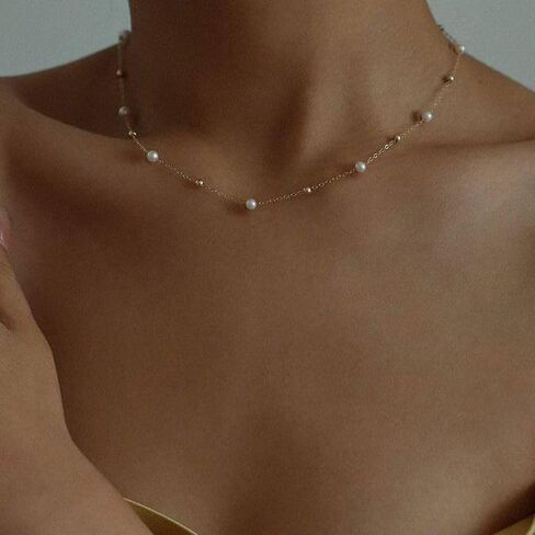 Gold Pearl Necklaces for Women, Dainty Small Simple 18K Gold Plated Choker Bead Necklaces for Women Handmade Pearl Jewelry Bridesmaid Gifts Style 1 in Saudi Arabia