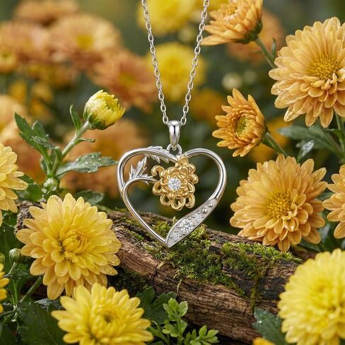 Lab Grown Diamond Chrysanthemum Necklace for Women, 925 Sterling Silver Diamonds Heart Pendant Birth Flower Necklaces Flower Jewelry Gifts for Women in Kuwait