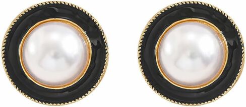 Vintage Black Enamel & Pearl Stud Earrings for Women - Retro Gold Tone Round Button Statement Earrings, Classic 60s Inspired Geometric Jewelry Gift for Her Wife Mom in Saudi Arabia