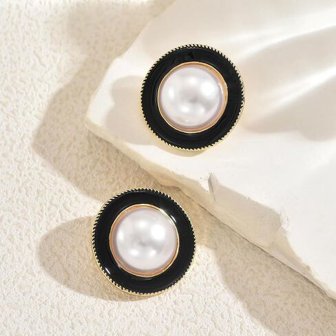 Vintage Black Enamel & Pearl Stud Earrings for Women - Retro Gold Tone Round Button Statement Earrings, Classic 60s Inspired Geometric Jewelry Gift for Her Wife Mom in Saudi Arabia