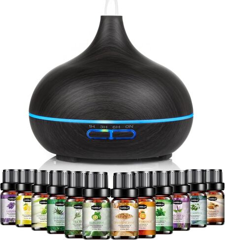Hanolly Essential Oil Diffuser for Home, 500ML Aromatherapy Diffuser Humidifier with 12 Essential Oils, 7 Color LED Lights, Quiet Cool Mist Diffuser for Bedroom, Office in Saudi Arabia