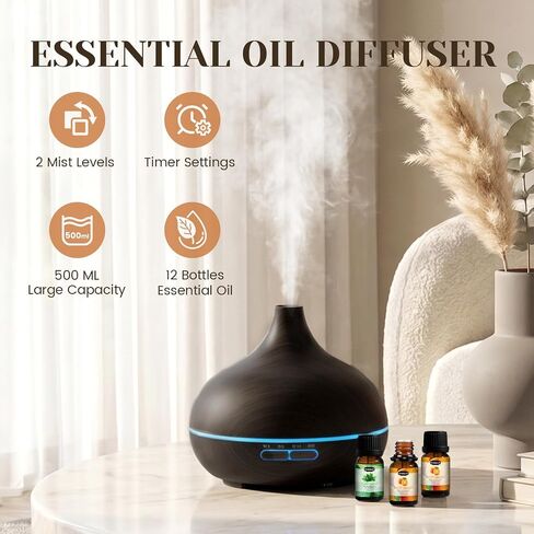 Hanolly Essential Oil Diffuser for Home, 500ML Aromatherapy Diffuser Humidifier with 12 Essential Oils, 7 Color LED Lights, Quiet Cool Mist Diffuser for Bedroom, Office in Saudi Arabia