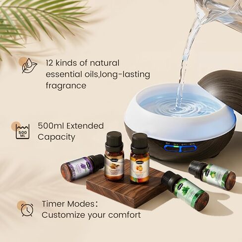 Hanolly Essential Oil Diffuser for Home, 500ML Aromatherapy Diffuser Humidifier with 12 Essential Oils, 7 Color LED Lights, Quiet Cool Mist Diffuser for Bedroom, Office in Saudi Arabia