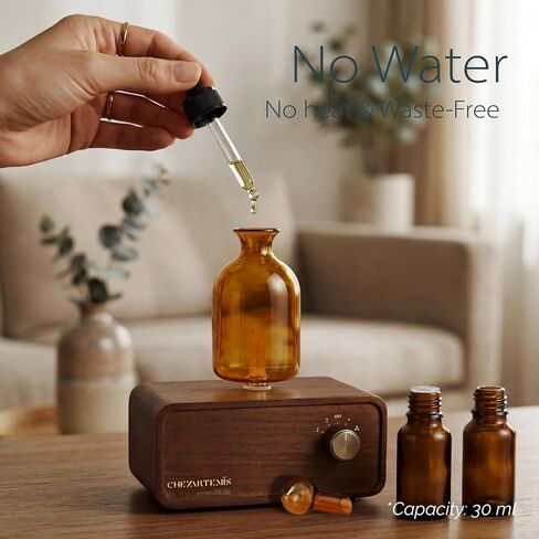 Ember Glass Essential Oil Diffuser with Handmade Wood Base for Aromatherapy, Retro Waterless Scent Diffuser with Cool Mist, Portable & Cordless Oil Nebulizer with LED & Timer, 2026 Model in Saudi Arabia