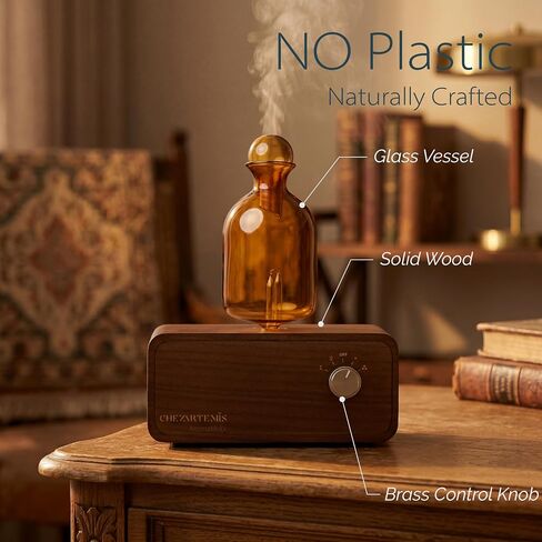Ember Glass Essential Oil Diffuser with Handmade Wood Base for Aromatherapy, Retro Waterless Scent Diffuser with Cool Mist, Portable & Cordless Oil Nebulizer with LED & Timer, 2026 Model in Saudi Arabia