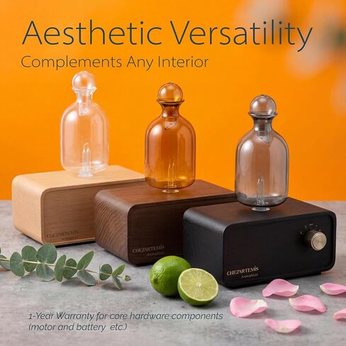 Ember Glass Essential Oil Diffuser with Handmade Wood Base for Aromatherapy, Retro Waterless Scent Diffuser with Cool Mist, Portable & Cordless Oil Nebulizer with LED & Timer, 2026 Model in Saudi Arabia