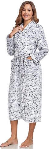 RONGTAI Women's Plus Size Fleece Robe Soft Thermal Bathrobe with Pockets and Belt,Solid Color Shawl Collar Robe（Gray Leopard,1X） in Saudi Arabia