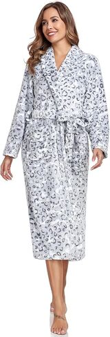 RONGTAI Women's Plus Size Fleece Robe Soft Thermal Bathrobe with Pockets and Belt,Solid Color Shawl Collar Robe（Gray Leopard,1X） in Saudi Arabia