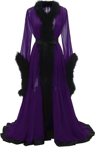 Molisa Feather Bridal Robe Fur Chiffon Maternity Gown Lingerie Bathrobe Long Wedding Scarf Nightgown for Women in Kuwait