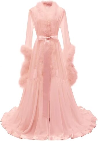 Molisa Feather Bridal Robe Fur Chiffon Maternity Gown Lingerie Bathrobe Long Wedding Scarf Nightgown for Women in Kuwait