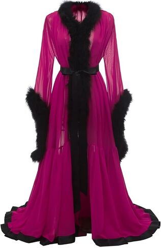 Molisa Feather Bridal Robe Fur Chiffon Maternity Gown Lingerie Bathrobe Long Wedding Scarf Nightgown for Women in Kuwait