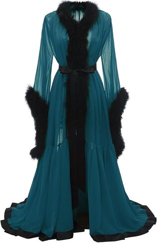 Molisa Feather Bridal Robe Fur Chiffon Maternity Gown Lingerie Bathrobe Long Wedding Scarf Nightgown for Women in Kuwait