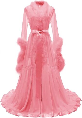 Molisa Feather Bridal Robe Fur Chiffon Maternity Gown Lingerie Bathrobe Long Wedding Scarf Nightgown for Women in Kuwait