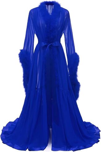 Molisa Feather Bridal Robe Fur Chiffon Maternity Gown Lingerie Bathrobe Long Wedding Scarf Nightgown for Women in Kuwait