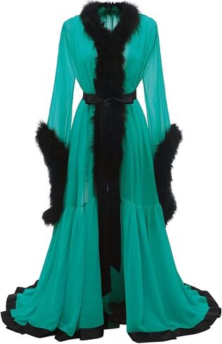 Molisa Feather Bridal Robe Fur Chiffon Maternity Gown Lingerie Bathrobe Long Wedding Scarf Nightgown for Women in Kuwait