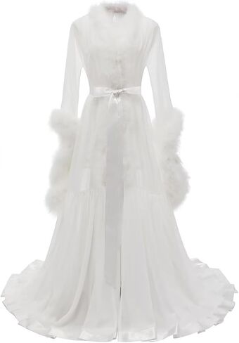 Molisa Feather Bridal Robe Fur Chiffon Maternity Gown Lingerie Bathrobe Long Wedding Scarf Nightgown for Women in Kuwait