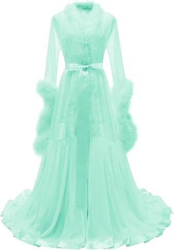 Molisa Feather Bridal Robe Fur Chiffon Maternity Gown Lingerie Bathrobe Long Wedding Scarf Nightgown for Women in Kuwait