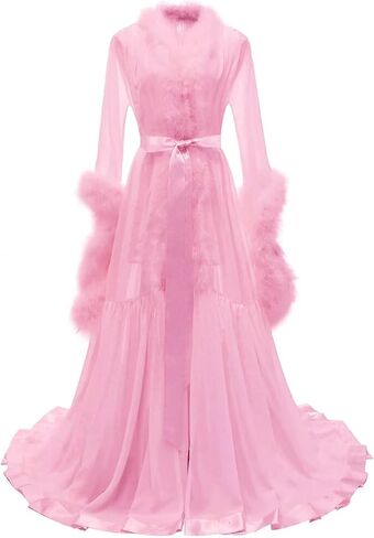 Molisa Feather Bridal Robe Fur Chiffon Maternity Gown Lingerie Bathrobe Long Wedding Scarf Nightgown for Women in Kuwait