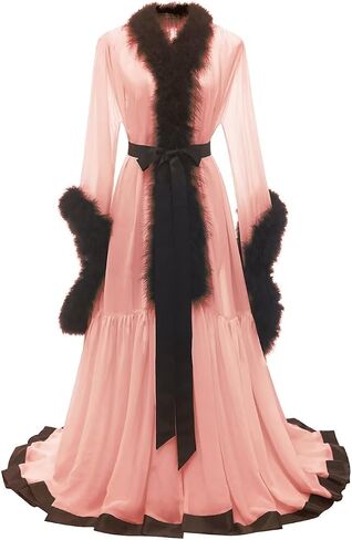 Molisa Feather Bridal Robe Fur Chiffon Maternity Gown Lingerie Bathrobe Long Wedding Scarf Nightgown for Women in Kuwait