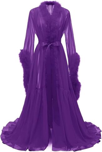 Molisa Feather Bridal Robe Fur Chiffon Maternity Gown Lingerie Bathrobe Long Wedding Scarf Nightgown for Women in Kuwait