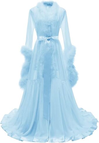 Molisa Feather Bridal Robe Fur Chiffon Maternity Gown Lingerie Bathrobe Long Wedding Scarf Nightgown for Women in Kuwait
