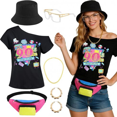 SOMSOC Women 90s Costume Set with Top Bucket Hat Glasses Chain Earrings Bag Rapper Accessories for Retro Disco Cosplay Party in Kuwait