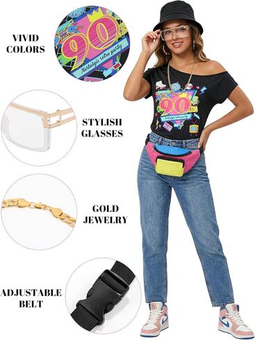 SOMSOC Women 90s Costume Set with Top Bucket Hat Glasses Chain Earrings Bag Rapper Accessories for Retro Disco Cosplay Party in Kuwait