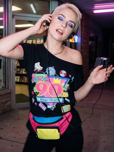 SOMSOC Women 90s Costume Set with Top Bucket Hat Glasses Chain Earrings Bag Rapper Accessories for Retro Disco Cosplay Party in Kuwait