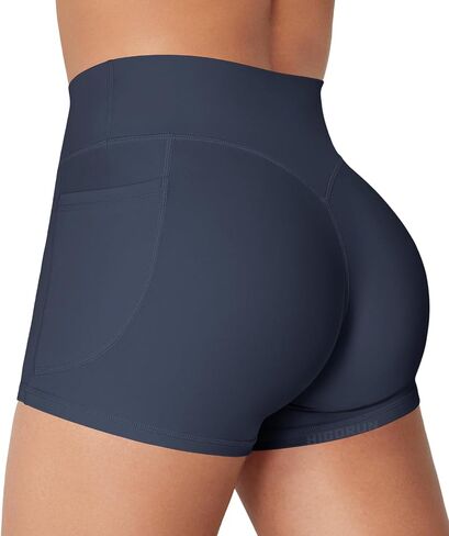 HIGORUN Mid Rise Biker Shorts with Pocket 3.6 Inseam Workout Booty Shorts Hidden Scrunch Gym Shorts for Women in Saudi Arabia