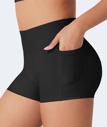 HIGORUN Mid Rise Biker Shorts with Pocket 3.6 Inseam Workout Booty Shorts Hidden Scrunch Gym Shorts for Women in Saudi Arabia